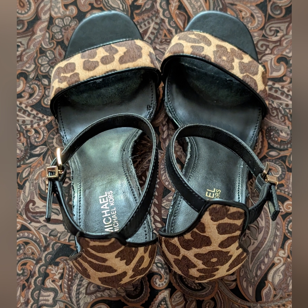Michael Kors Black and Brown Wedge Women's Sandals Calf Hair  6.5M